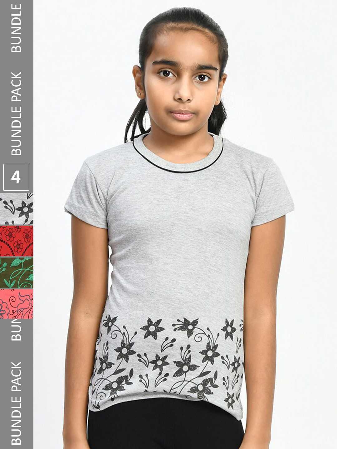 

IndiWeaves Girls Pack Of 4 Floral Printed Pure Cotton T-shirt, Grey
