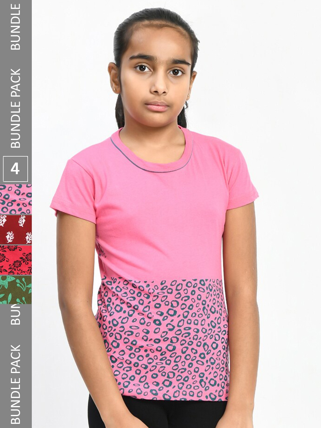 

IndiWeaves Girls Multicoloured 4 Printed V-Neck Pockets T-shirt, Multi