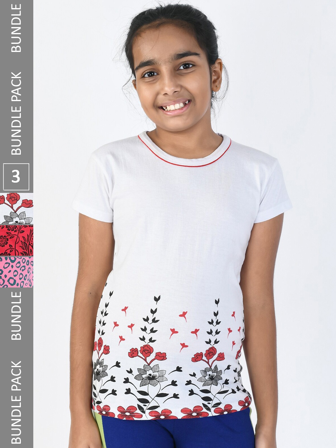 

IndiWeaves Girls Pack Of 3 Printed Pure Cotton T-shirt, White