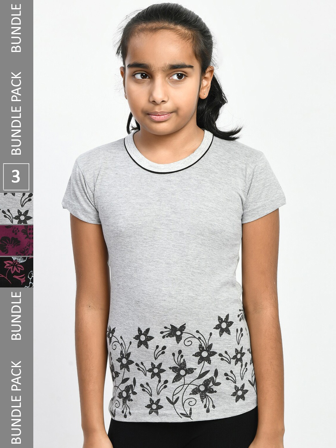 

IndiWeaves Girls Pack Of 3 Printed Cotton T-shirt, Grey