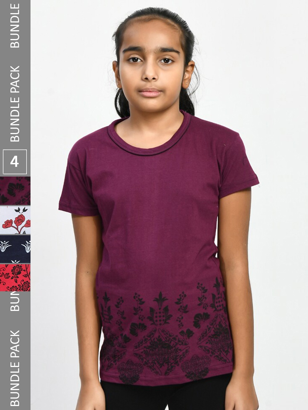 

IndiWeaves Girls Pack Of 4 Floral Printed Pure Cotton T-shirt, Purple