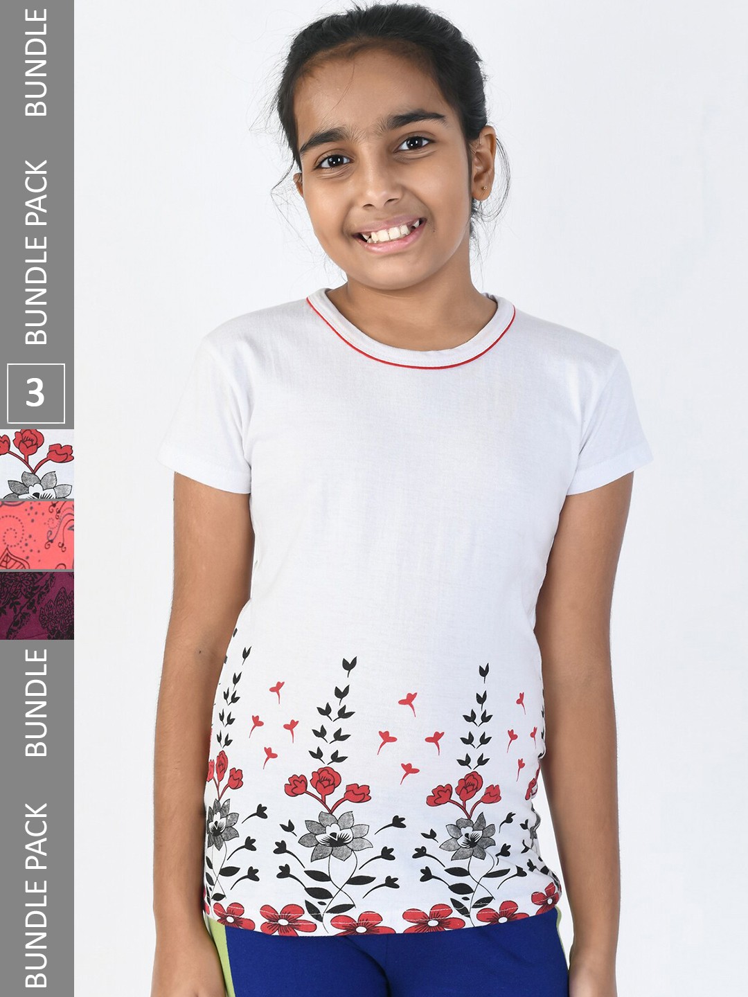 

IndiWeaves Girls Pack of 3 Printed Pure Cotton T-shirts, White