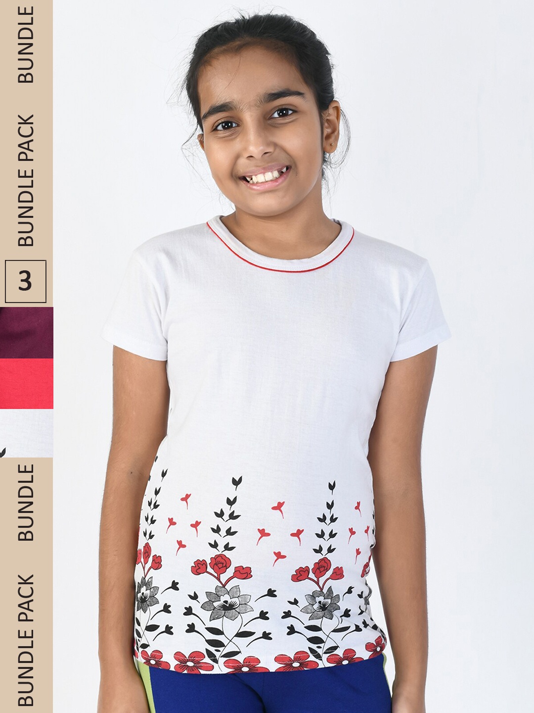 

IndiWeaves Girls Pack of 3 Printed Pure Cotton T-shirts, White