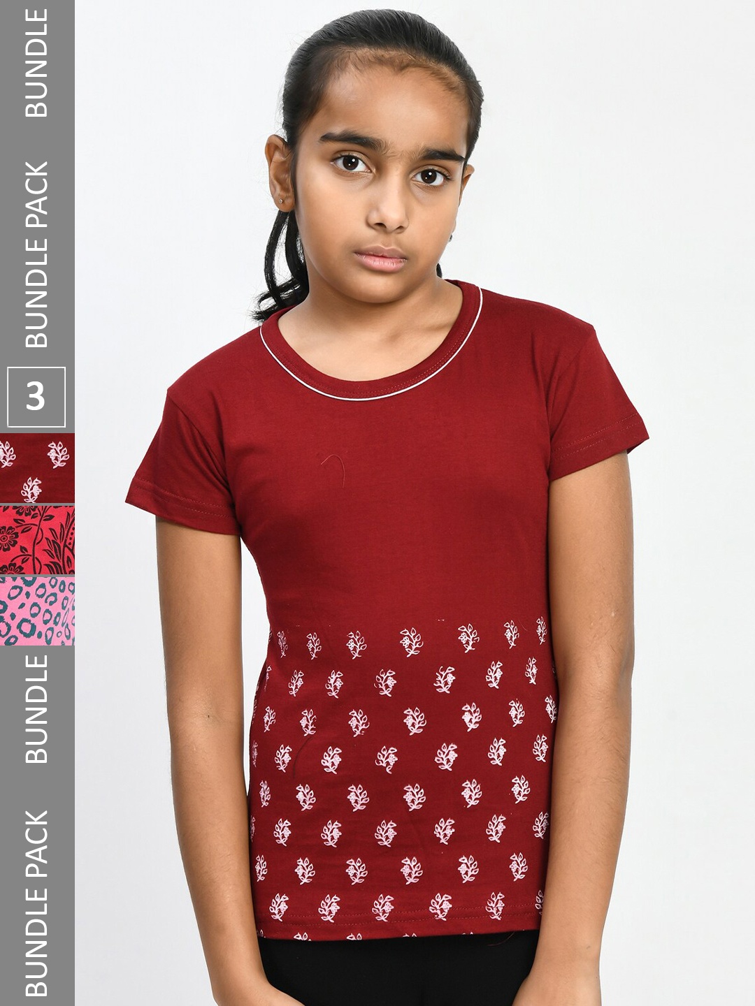 

IndiWeaves Girls Pack Of 3 Floral Printed Casual Pure Cotton T-shirts, Maroon