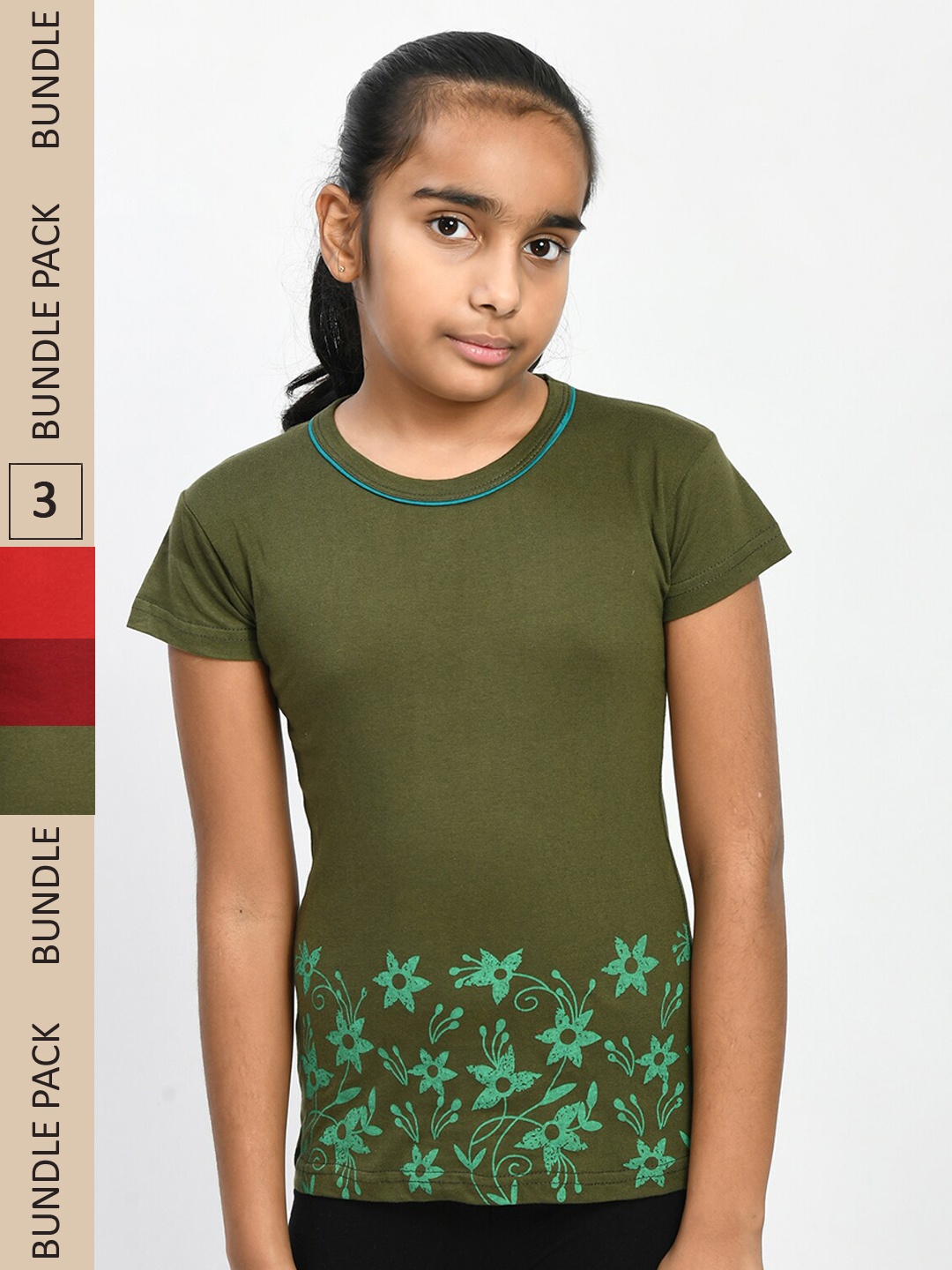 

IndiWeaves Girls Pack Of 3 Floral Printed Pure Cotton T-shirt, Olive