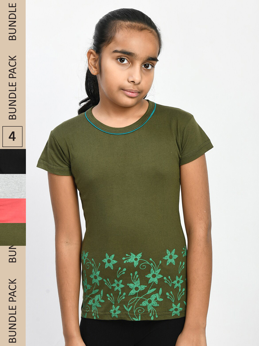 

IndiWeaves Girls Pack Of 4 Printed Pure Cotton T-shirts, Olive
