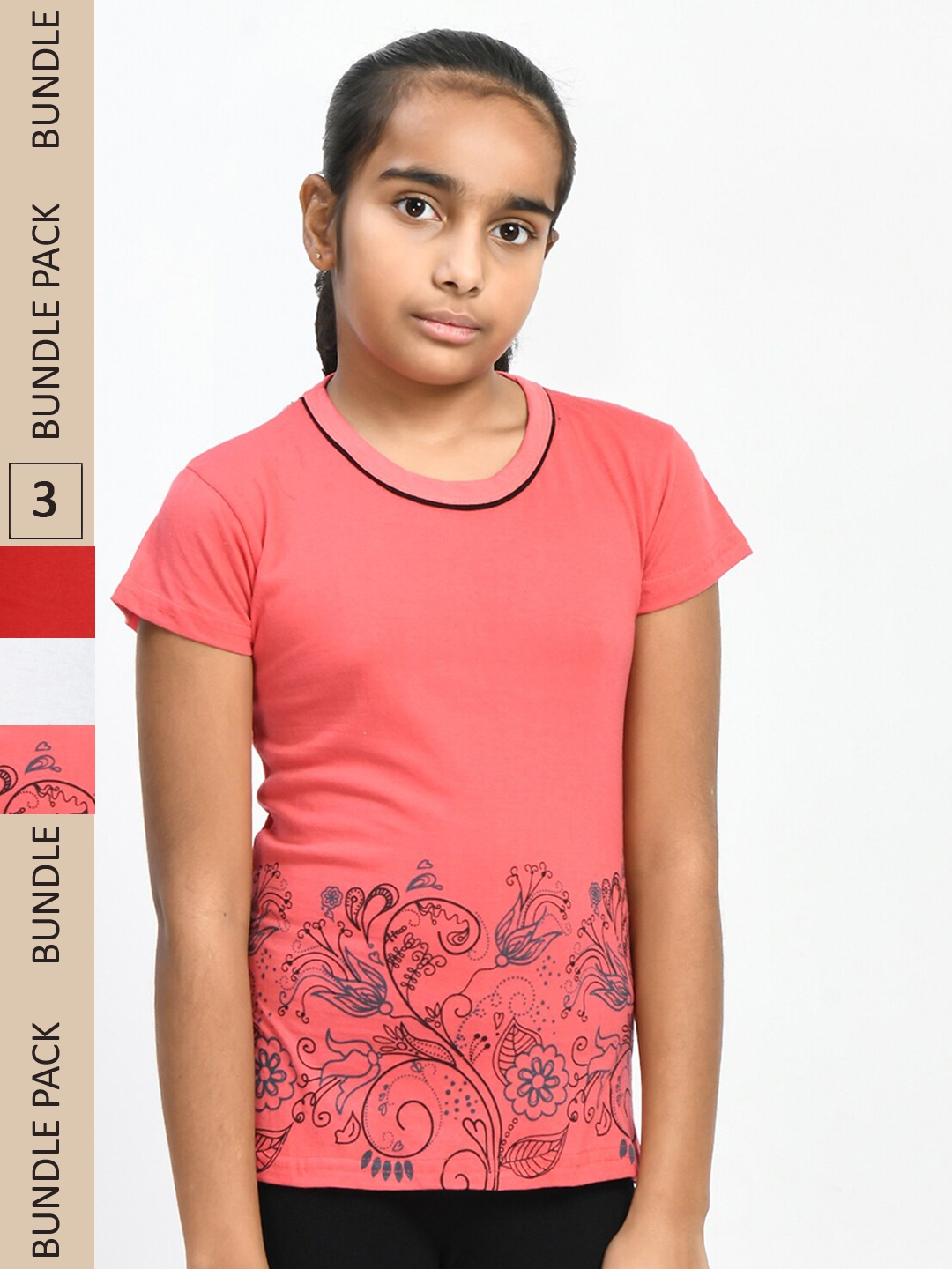 

IndiWeaves Girls Pack Of 3 Printed Cotton T-shirt, Peach