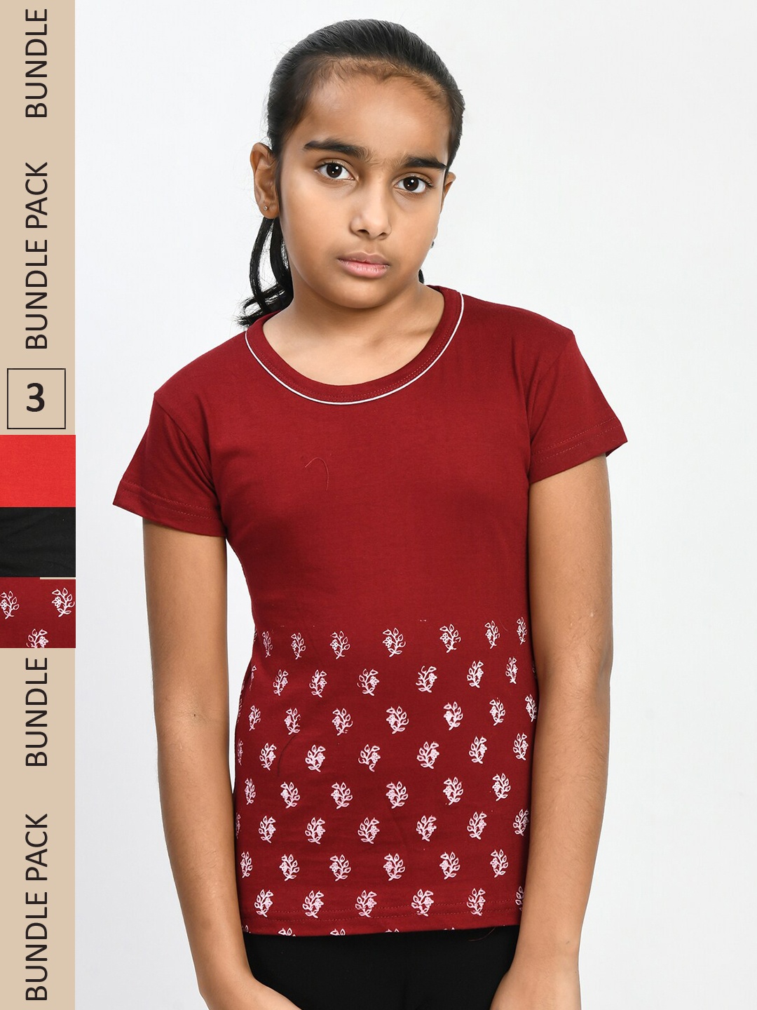 

IndiWeaves Girls Pack Of 3 Floral Printed Pure Cotton T-shirt, Maroon
