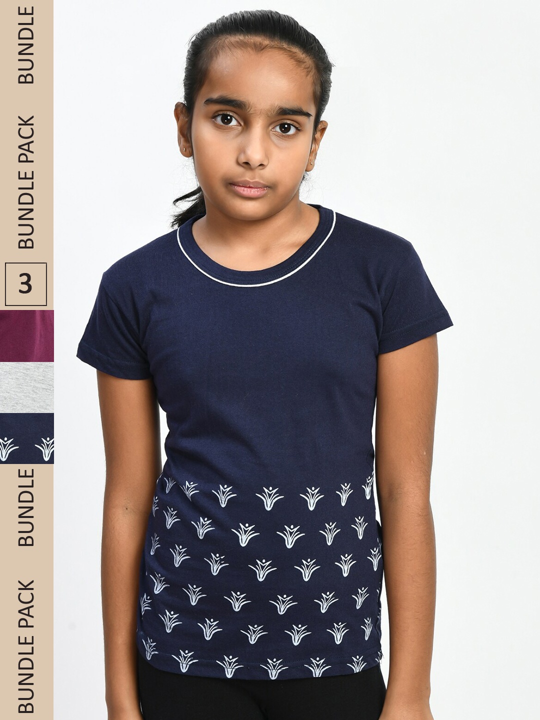 

IndiWeaves Girls Pack Of 3 Floral Printed Pure Cotton T-shirt, Purple