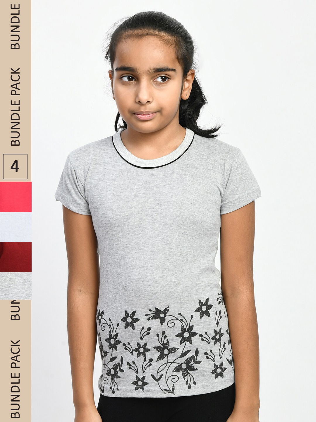 

IndiWeaves Girls Pack Of 4 Printed Pure Cotton T-shirt, Grey