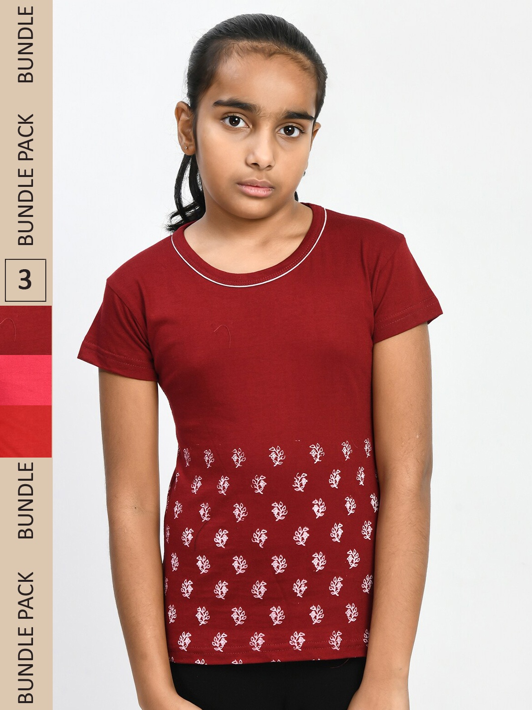 

IndiWeaves Girls Pack Of 3 Printed Cotton T-shirt, Maroon