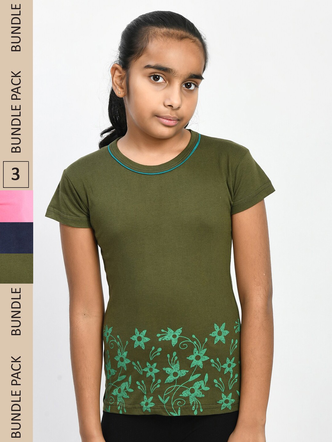 

IndiWeaves Girls Pack Of 3 Printed Pure Cotton T-shirt, Green