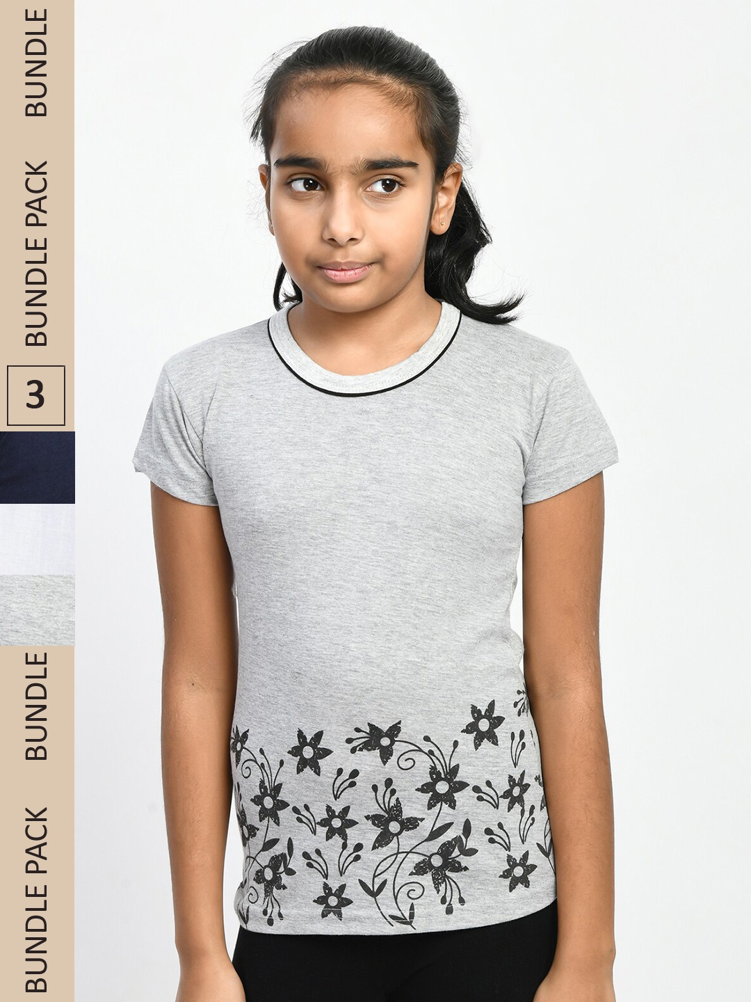 

IndiWeaves Girls Pack Of 3 Floral Printed Pure Cotton T-shirts, Grey