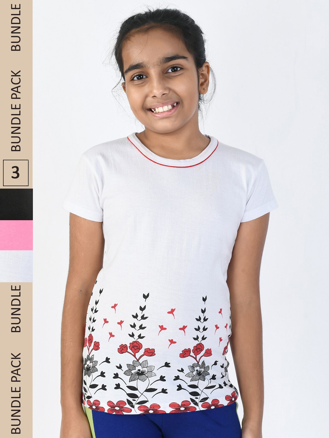 

IndiWeaves Girls Pack Of 3 Floral Printed Pure Cotton T-shirts, Pink