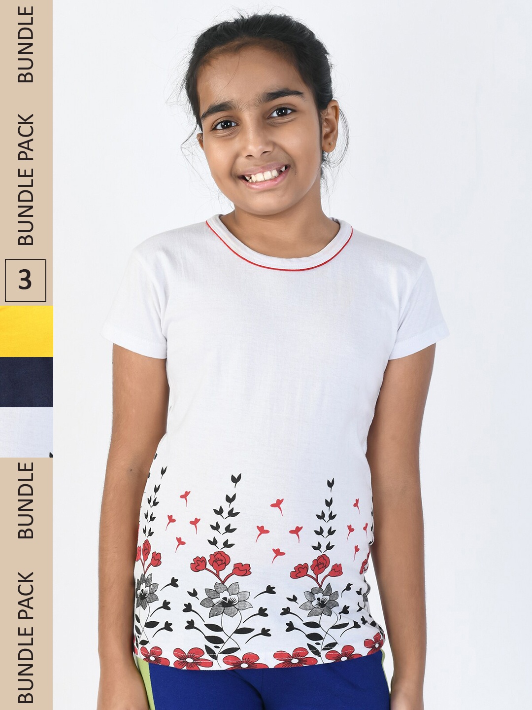 

IndiWeaves Girls Pack Of 3 Printed Pure Cotton T-shirts, White