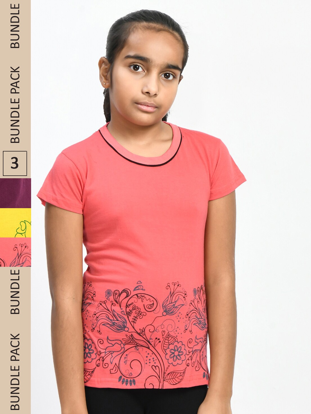 

IndiWeaves Girls Pack of 3 Printed Pure Cotton T-shirts, Peach