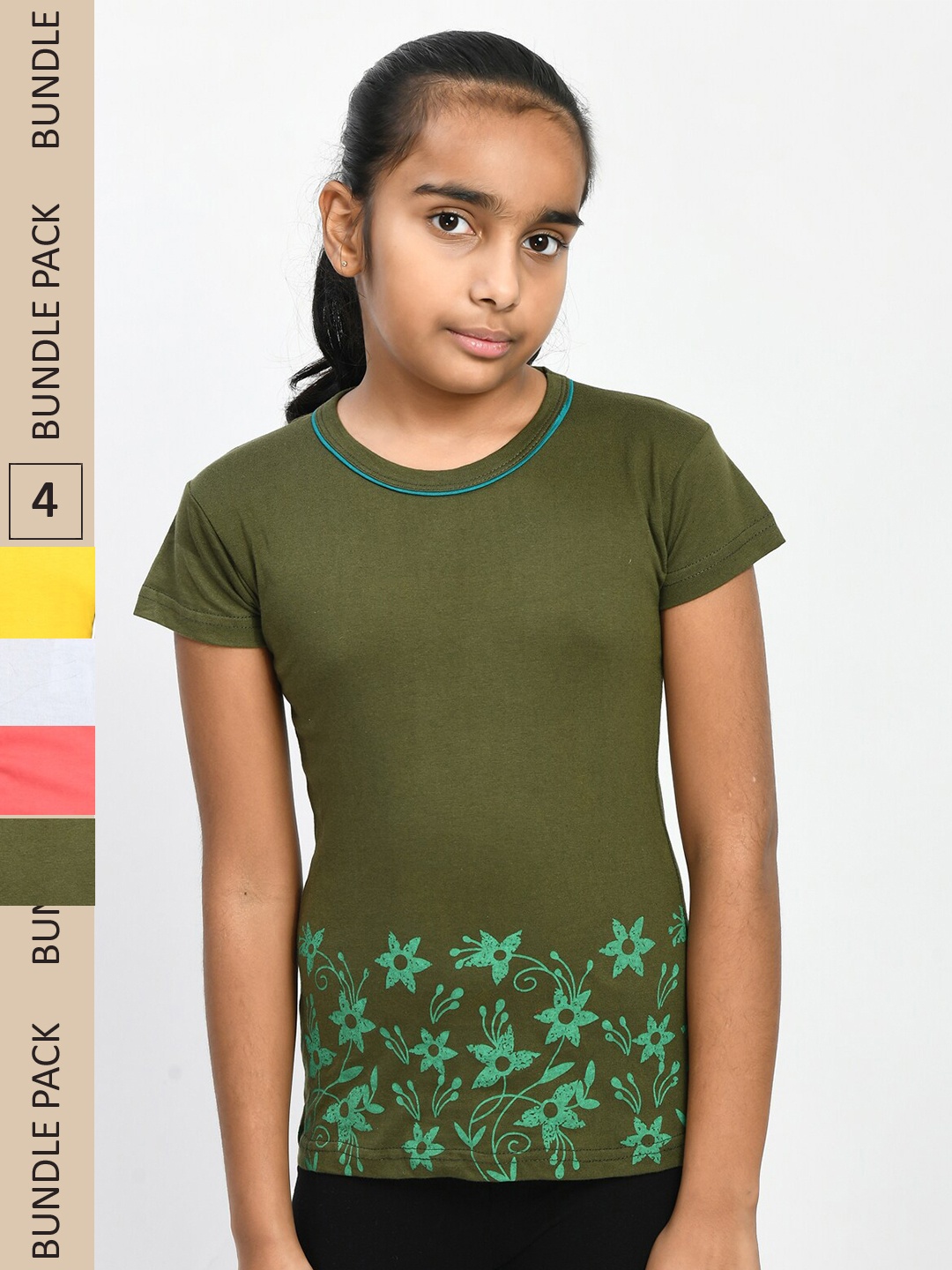 

IndiWeaves Girls Pack Of 4 Floral Printed Pure Cotton T-shirts, Olive