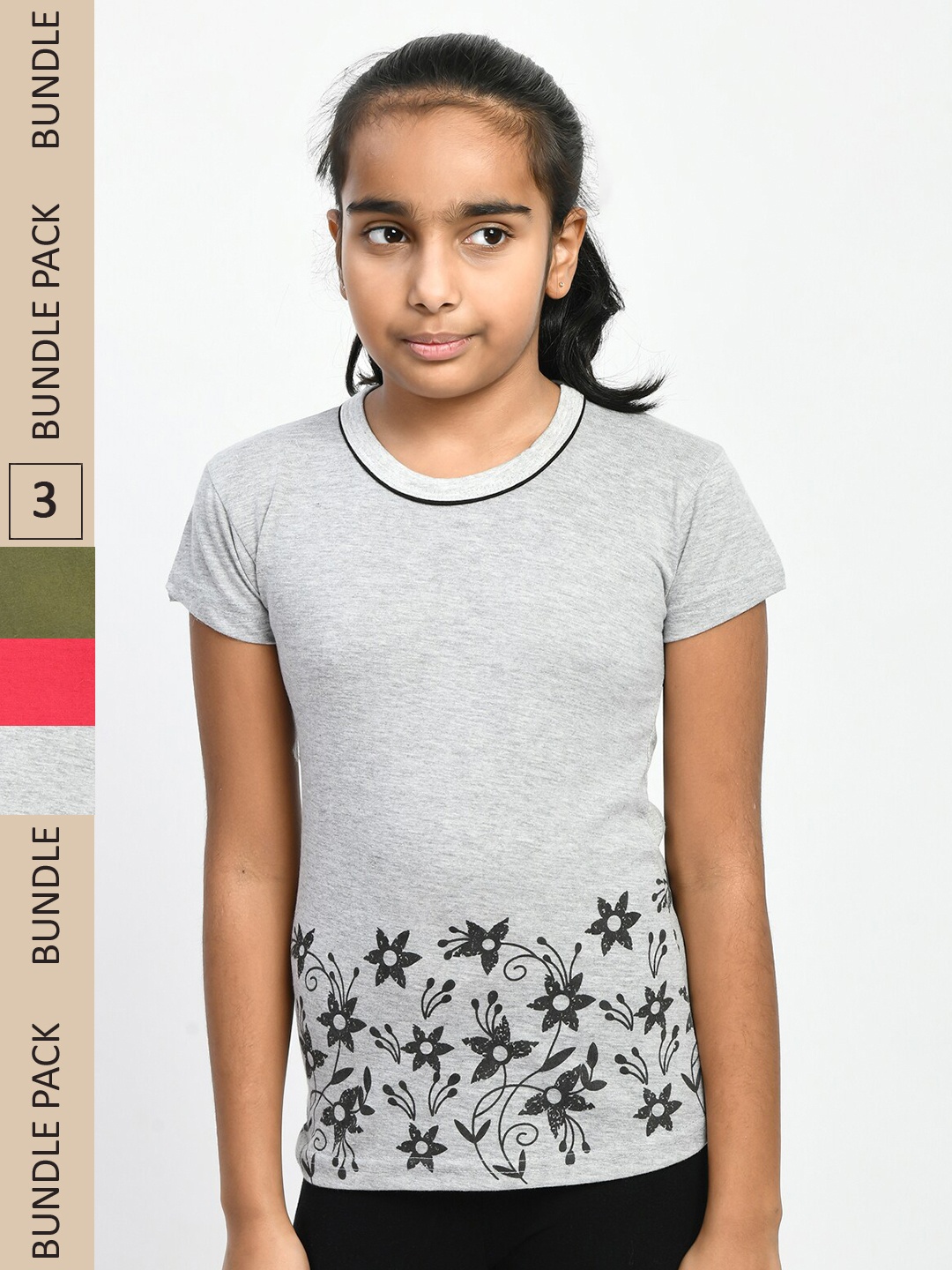 

IndiWeaves Girls Pack Of 3 Floral Printed Pure Cotton T-shirt, Coral