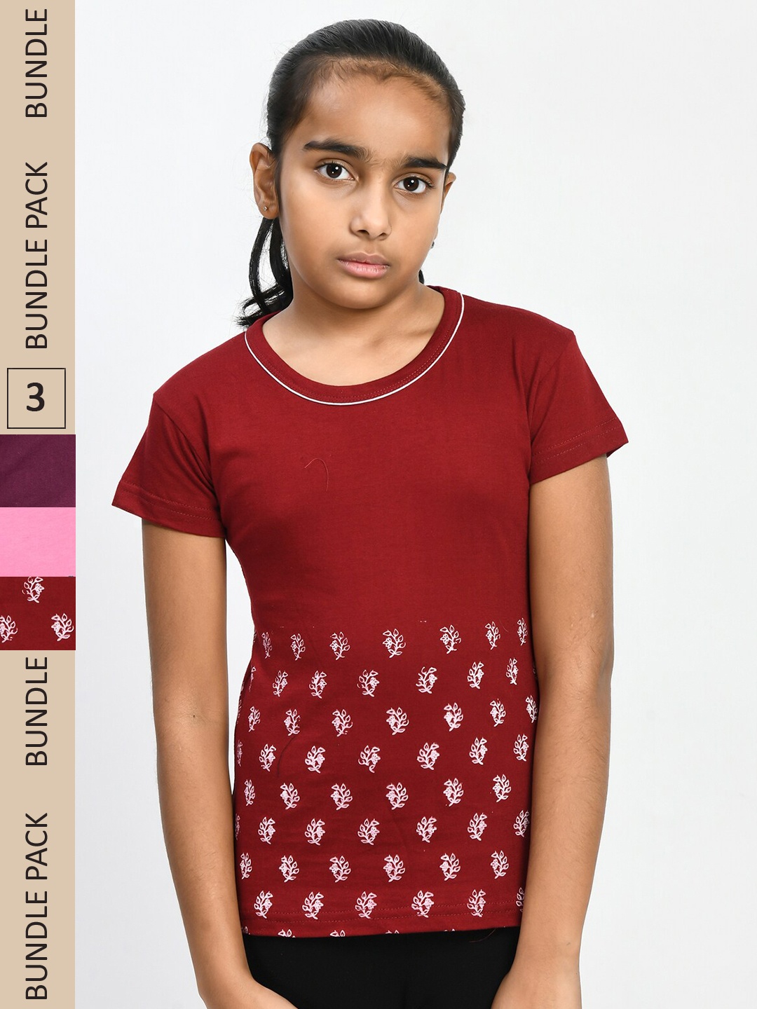 

IndiWeaves Girls Pack of 3 Printed Pure Cotton T-shirts, Maroon