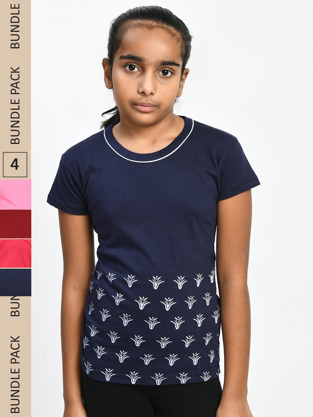 

IndiWeaves Girls Pack Of 4 Printed Pure Cotton T-shirt, Pink