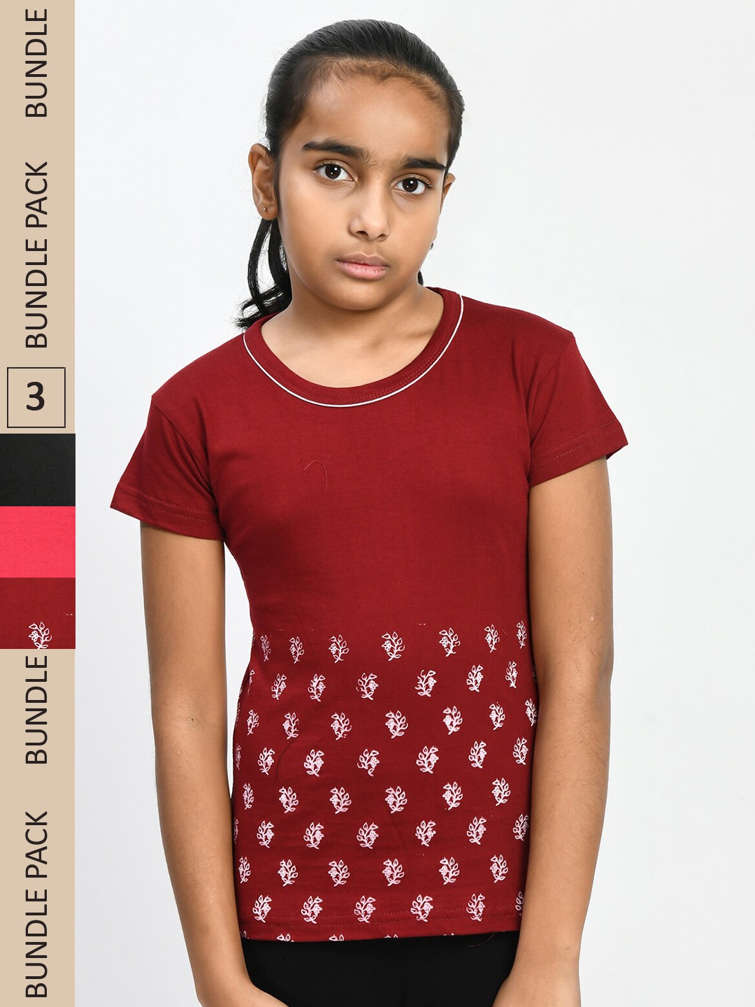 

IndiWeaves Girls Pack Of 3 Printed Pure Cotton T-shirts, Red