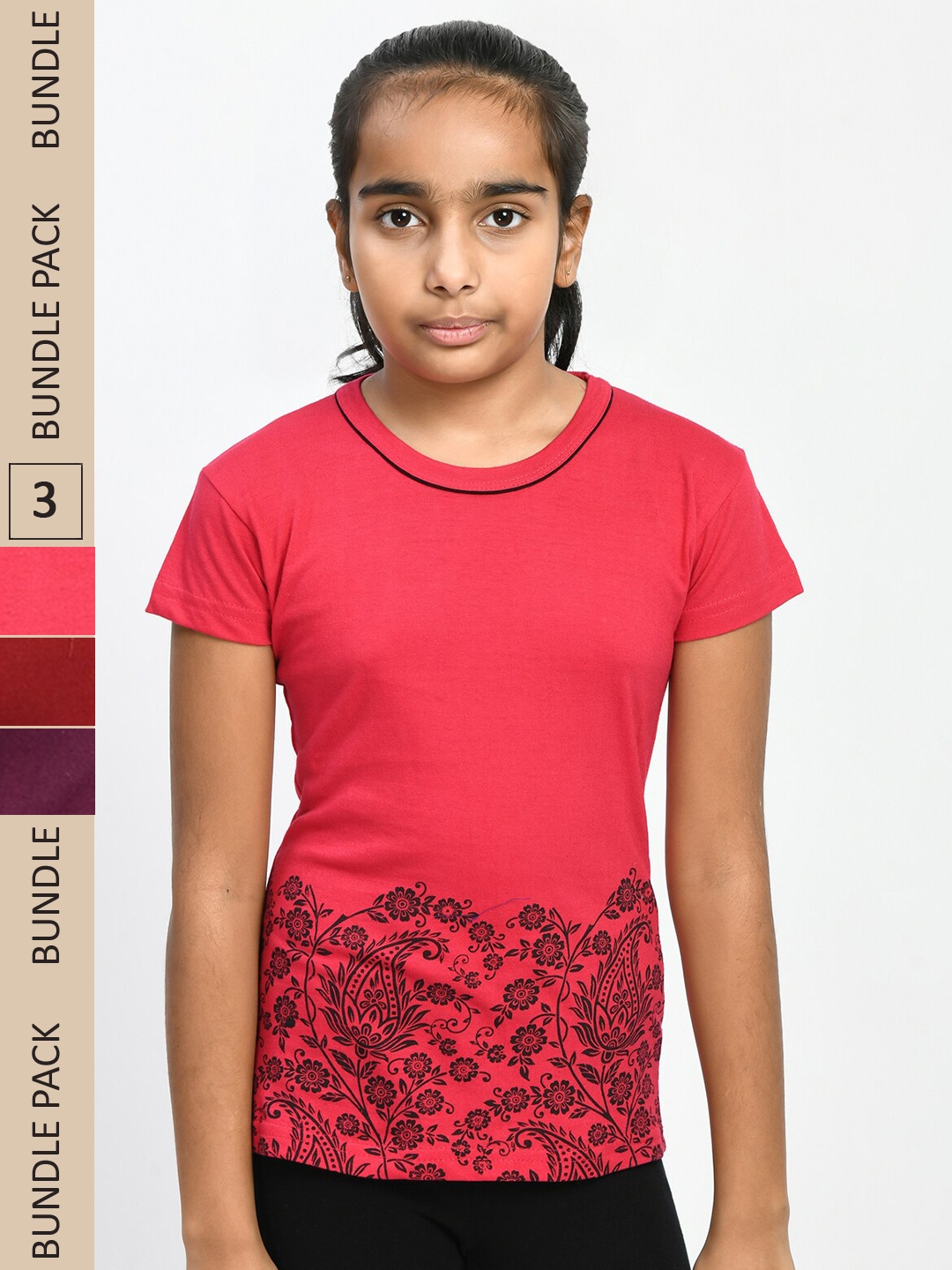 

IndiWeaves Girls Pack Of 3 Printed Pure Cotton T-shirt, Red