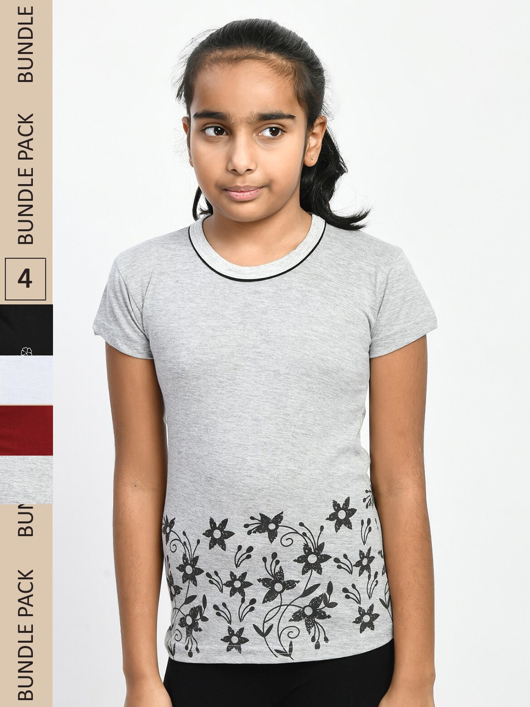 

IndiWeaves Girls Pack Of 4 Printed Pure Cotton T-shirt, Grey