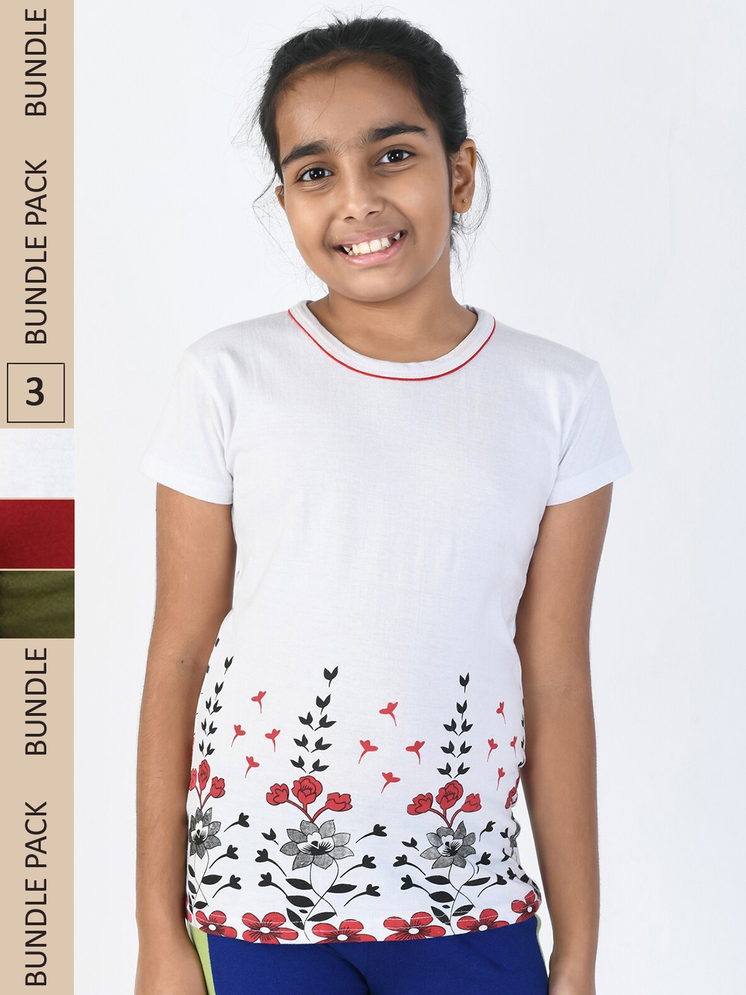 

IndiWeaves Girls Pack Of 3 Printed Pure Cotton T-shirt, White