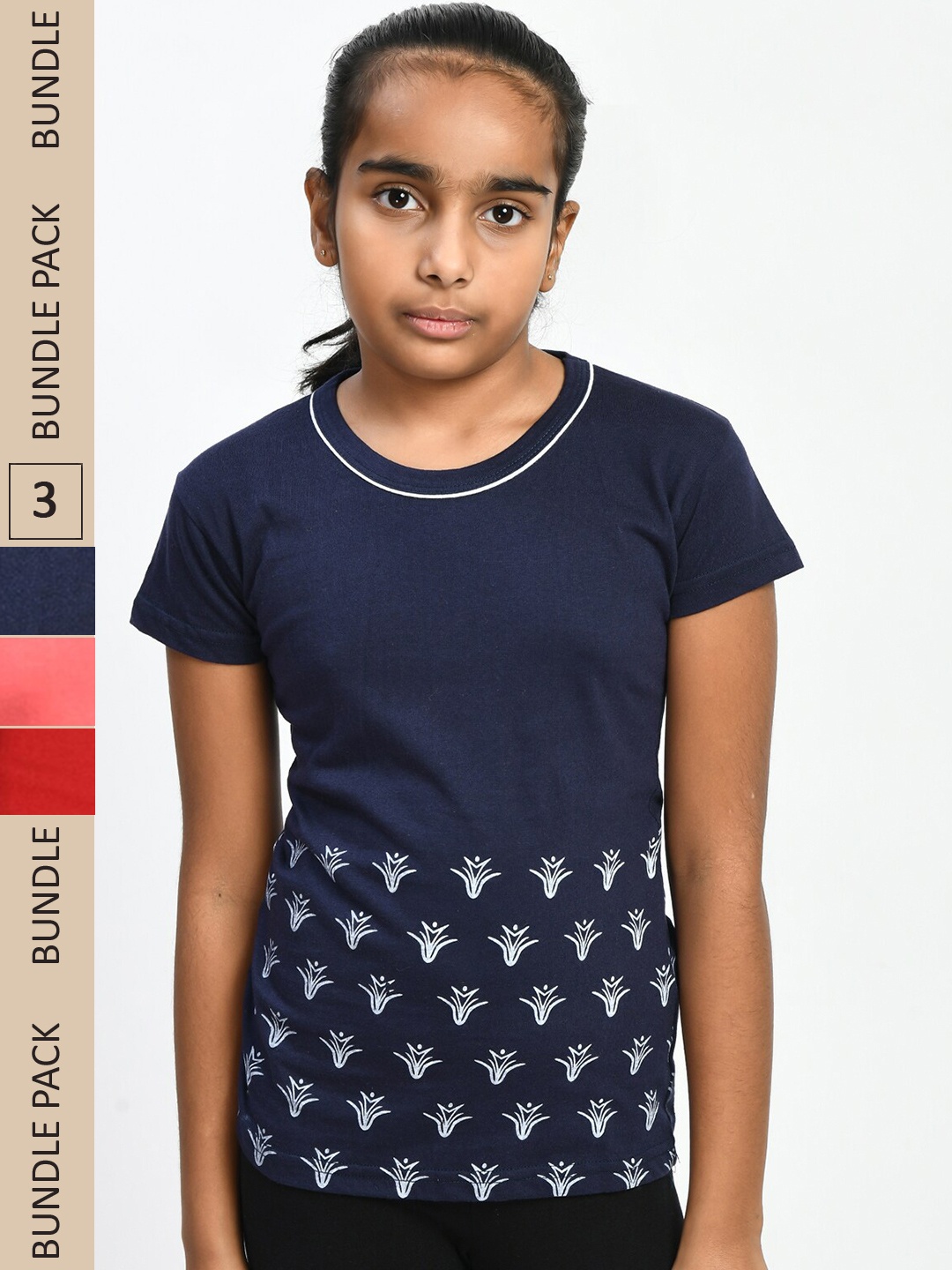 

IndiWeaves Girls Pack of 3 Floral Printed Pure Cotton T-Shirts, Navy blue