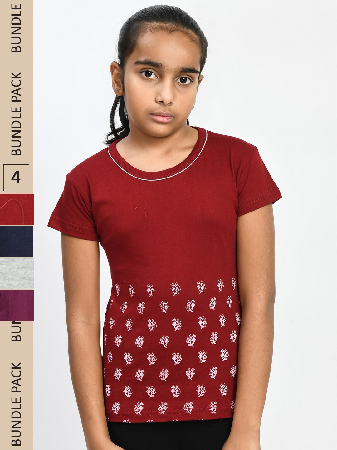 

IndiWeaves Girls Pack Of 4 Printed Round Neck Cotton T-shirt, Maroon