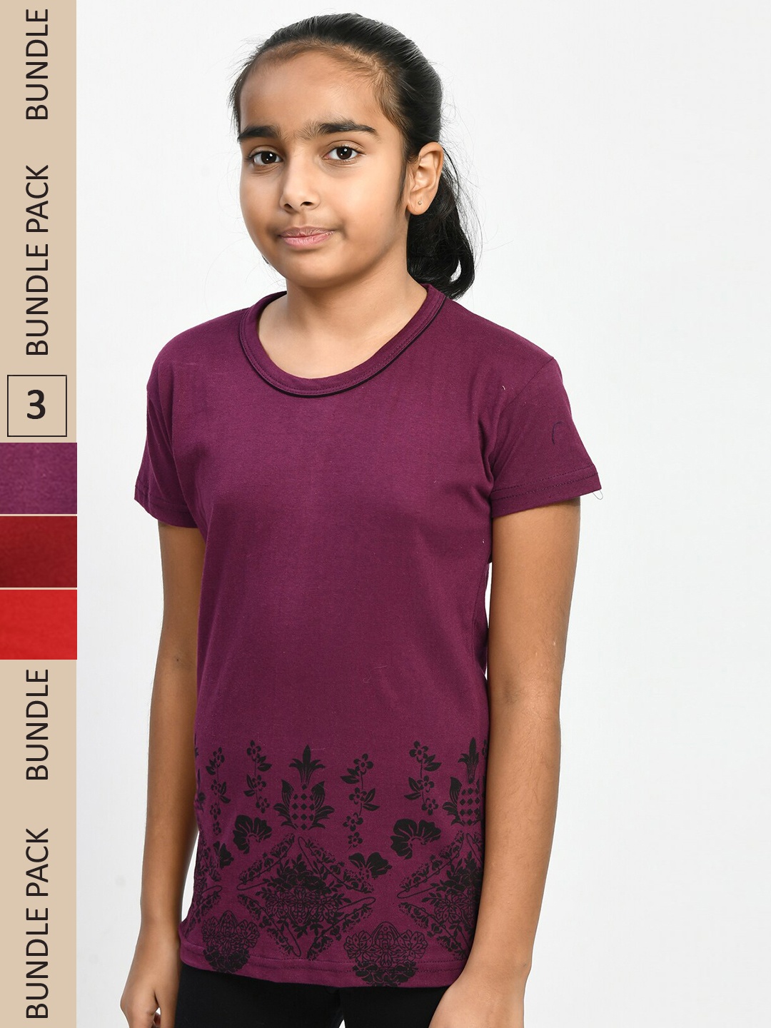 

IndiWeaves Girls Pack of 3 Floral Printed Pure Cotton T-Shirts, Magenta