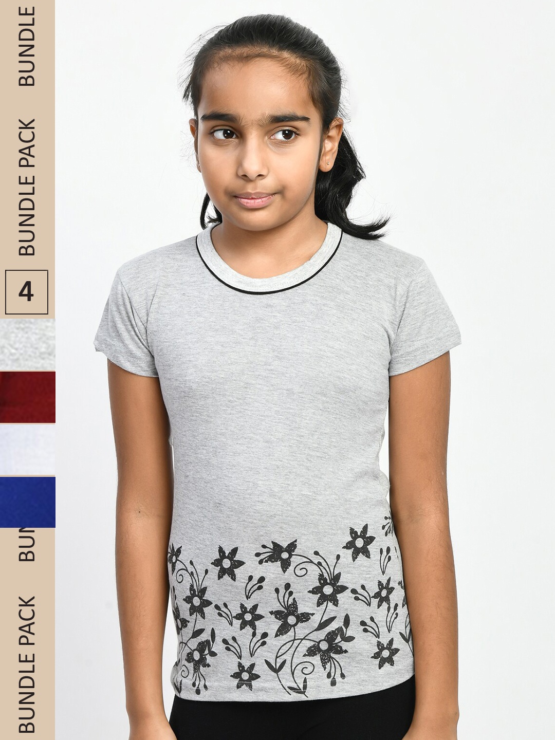 

IndiWeaves Girls Pack Of 4 Printed Knitted Pure Cotton T-Shirts, Grey