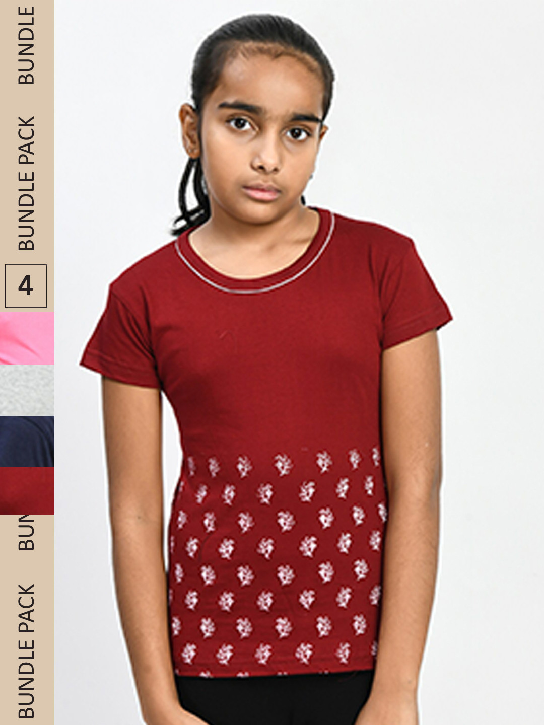 

IndiWeaves Girls Pack Of 4 Printed Pure Cotton T-shirt, Maroon