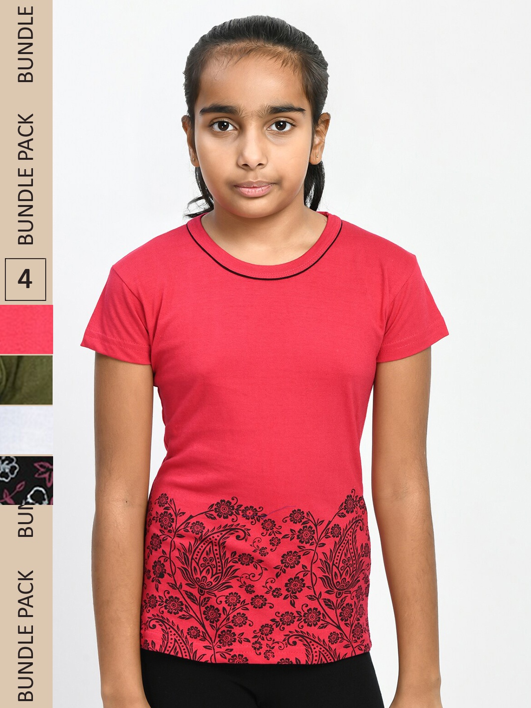 

IndiWeaves Girls Pack Of 4 Printed Knitted Pure Cotton T-Shirts, Coral