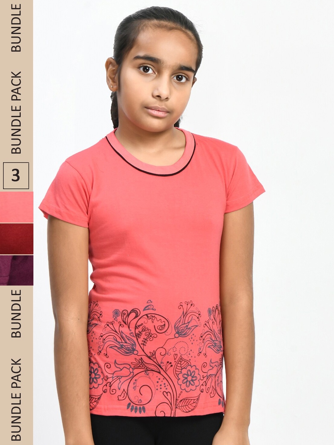 

IndiWeaves Girls Pack of 3 Floral Printed Pure Cotton T-Shirts, Coral