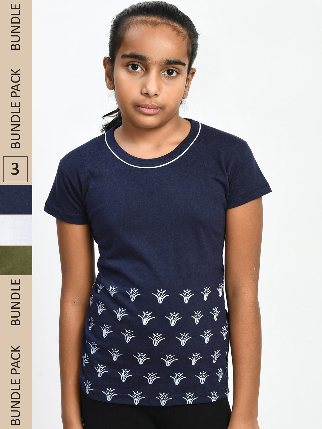 

IndiWeaves Girls Pack Of 3 Printed Knitted Pure Cotton T-Shirts, Navy blue