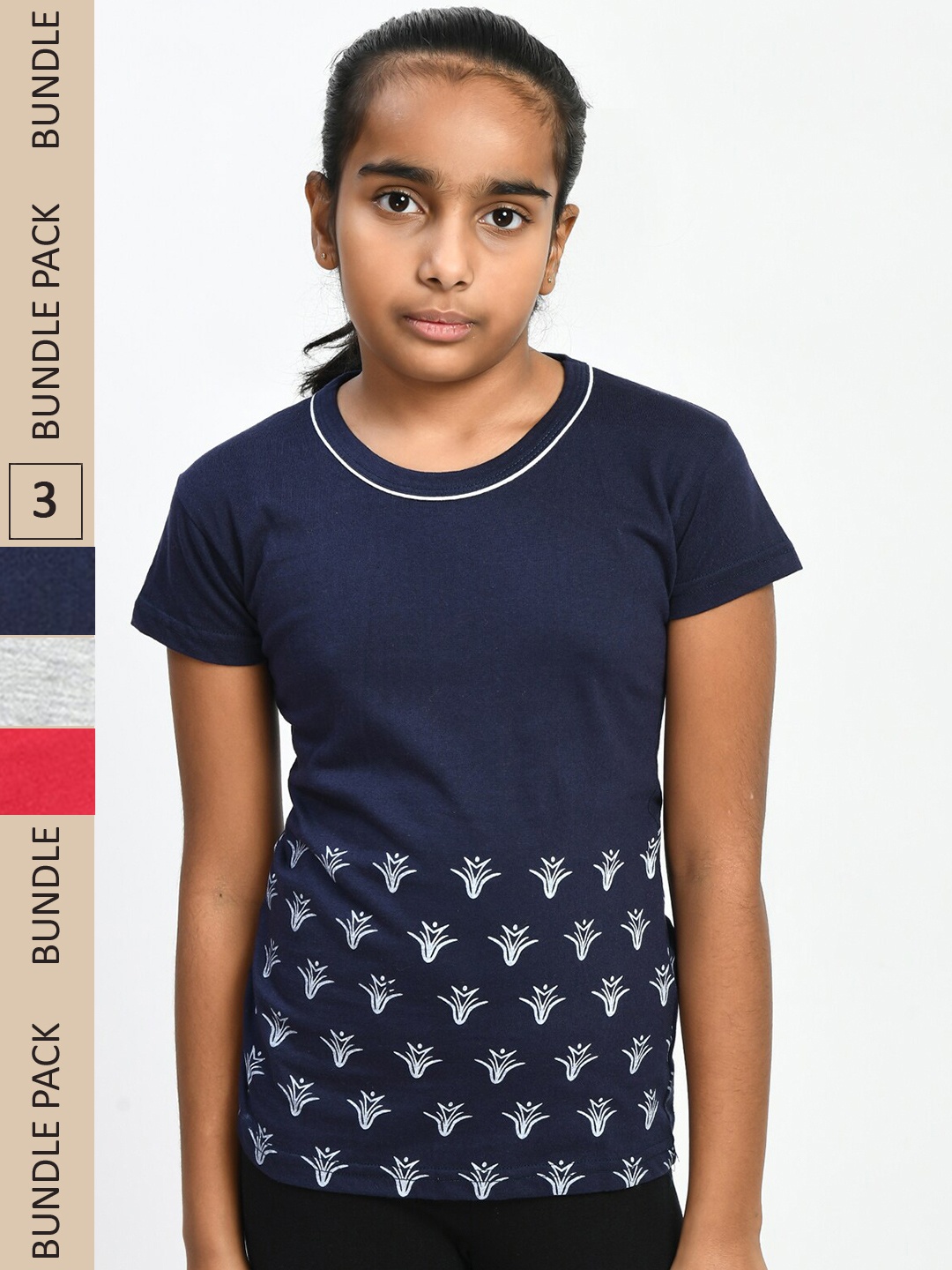 

IndiWeaves Girls Pack Of 3 Printed Round Neck Cotton T-shirt, Navy blue