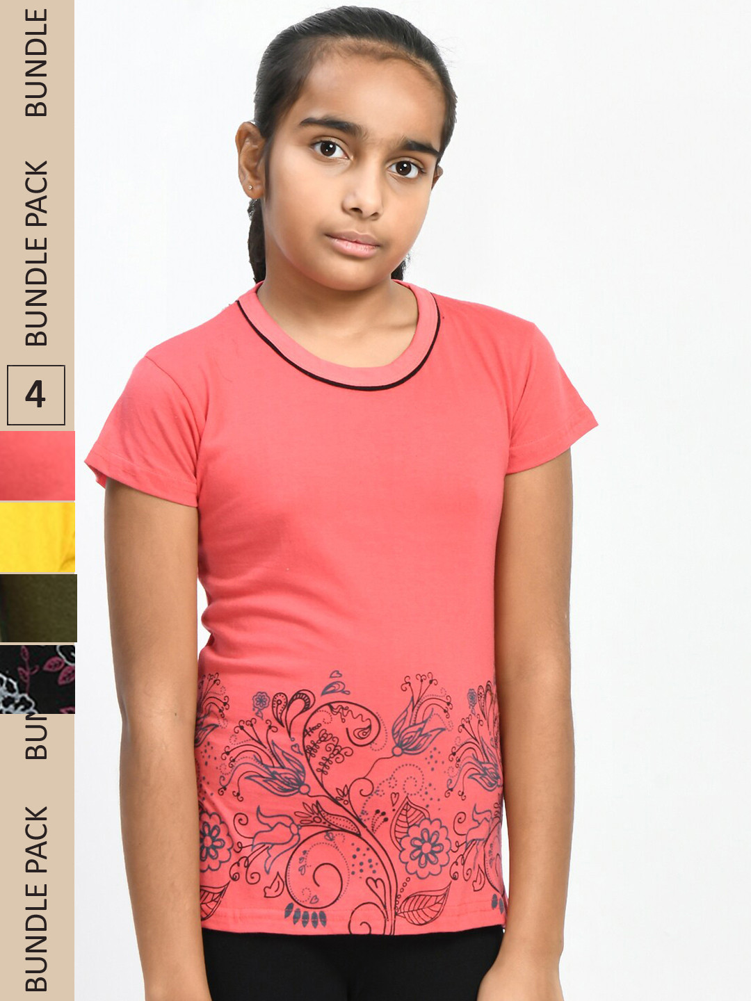 

IndiWeaves Girls Pack of 4 Floral Printed Pure Cotton T-Shirts, Coral