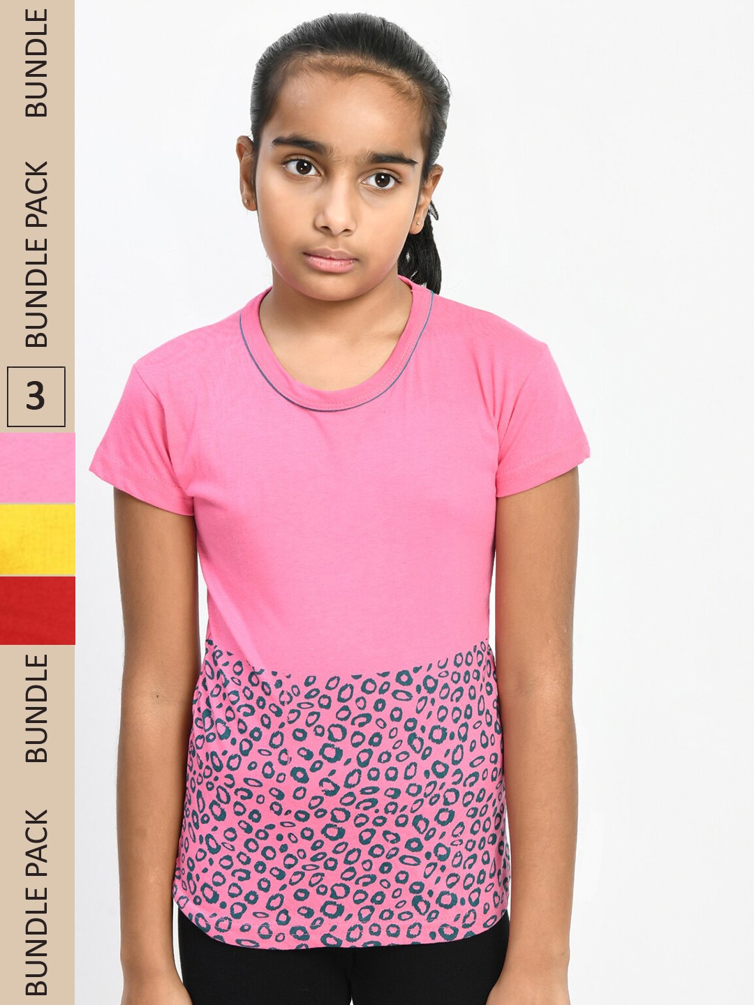 

IndiWeaves Girls Pack of 3 Floral Printed Pure Cotton T-Shirts, Pink
