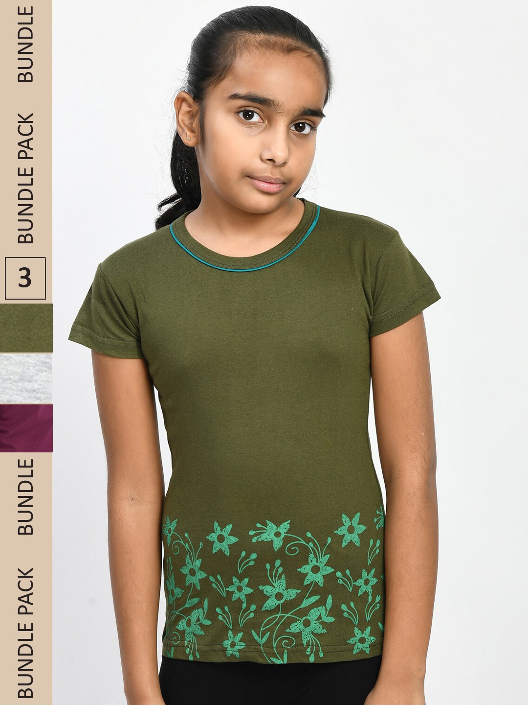 

IndiWeaves Girls Pack Of 3 Printed Knitted Pure Cotton T-Shirts, Olive