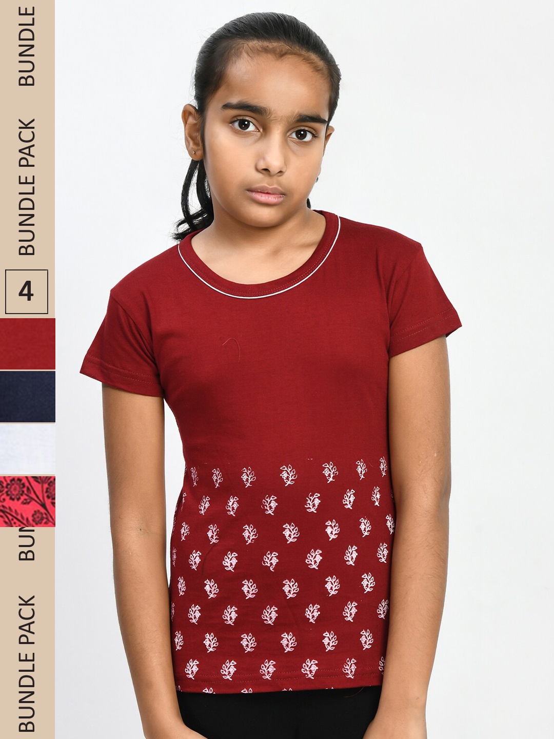 

IndiWeaves Girls Pack Of 4 Printed Round Neck Cotton T-shirt, Maroon