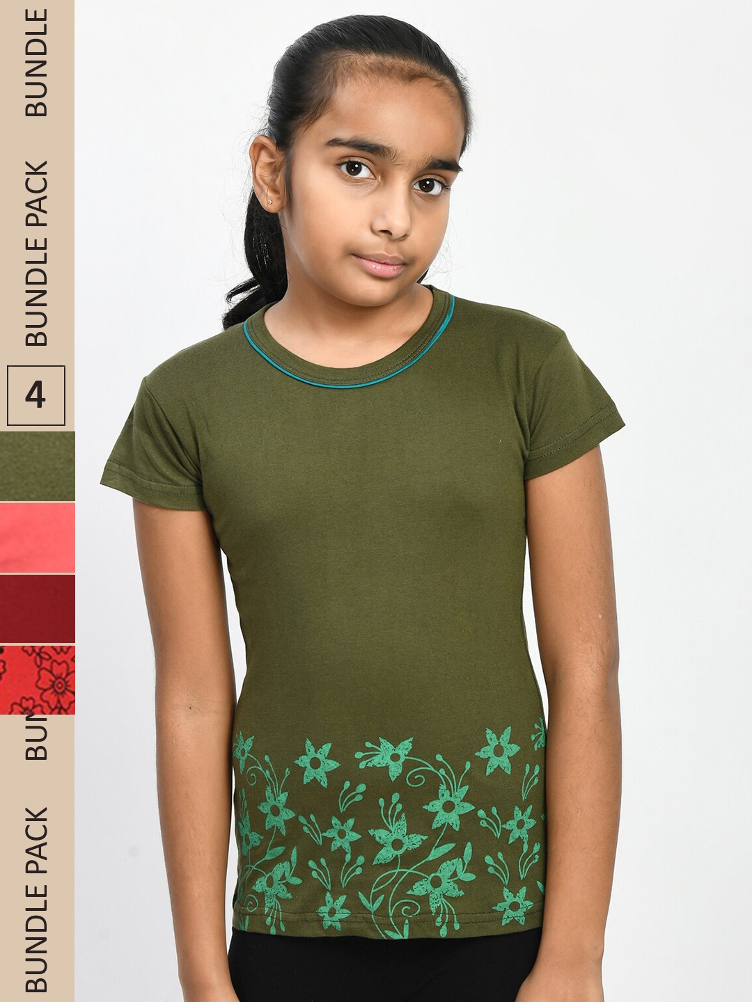 

IndiWeaves Girls Pack of 4 Floral Printed Pure Cotton T-Shirts, Green