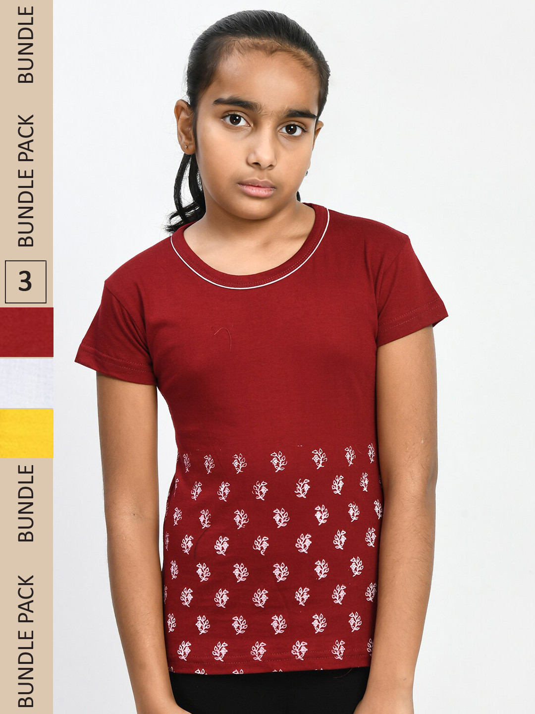 

IndiWeaves Girls Pack of 3 Printed Pure Cotton T-shirt, Maroon