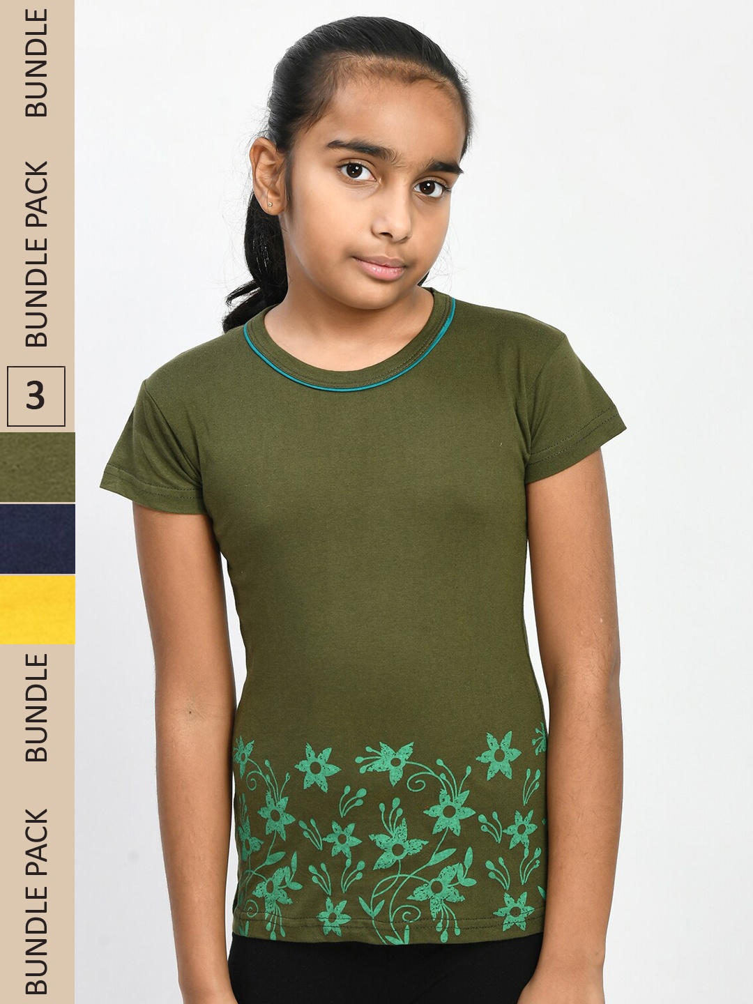 

IndiWeaves Girls Pack of 3 Printed Pure Cotton T-shirt, Green