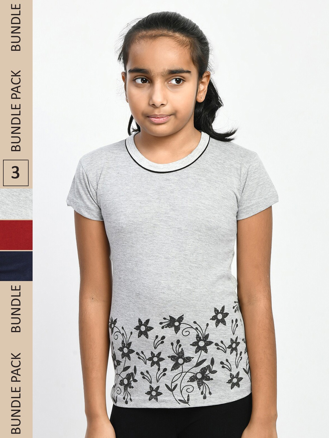

IndiWeaves Girls Pack Of 3 Floral Printed Pure Cotton T-shirt, Grey