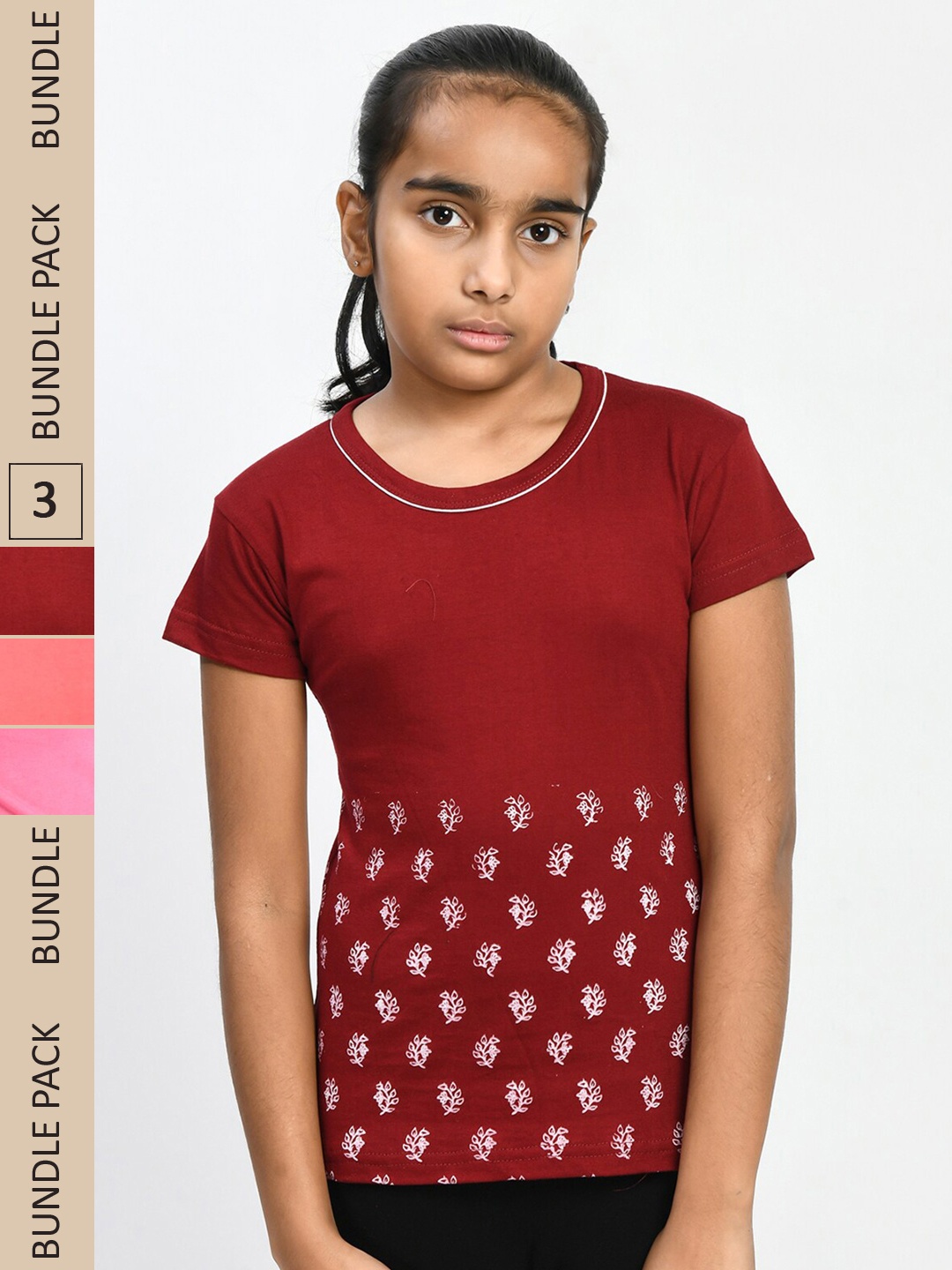 

IndiWeaves Girls Pack Of 3 Printed Pure Cotton T-shirt, Maroon