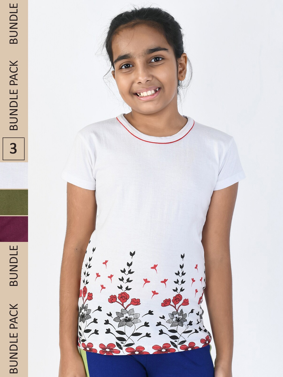 

IndiWeaves Girls Pack Of 3 Floral Printed Pure Cotton T-shirt, White