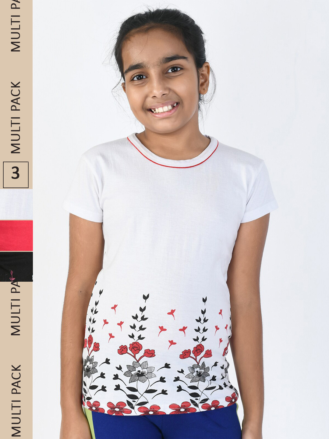 

IndiWeaves Girls Pack Of 3 Floral Printed Pure Cotton T-shirt, White