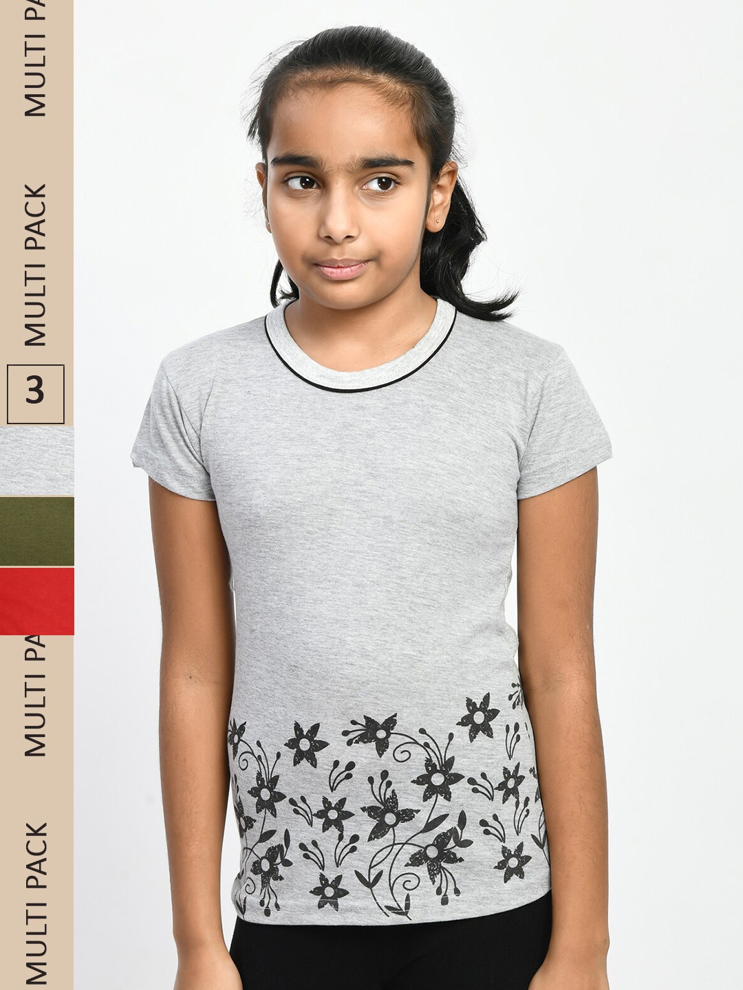 

IndiWeaves Girls Pack Of 3 Floral Printed T-shirts, Grey