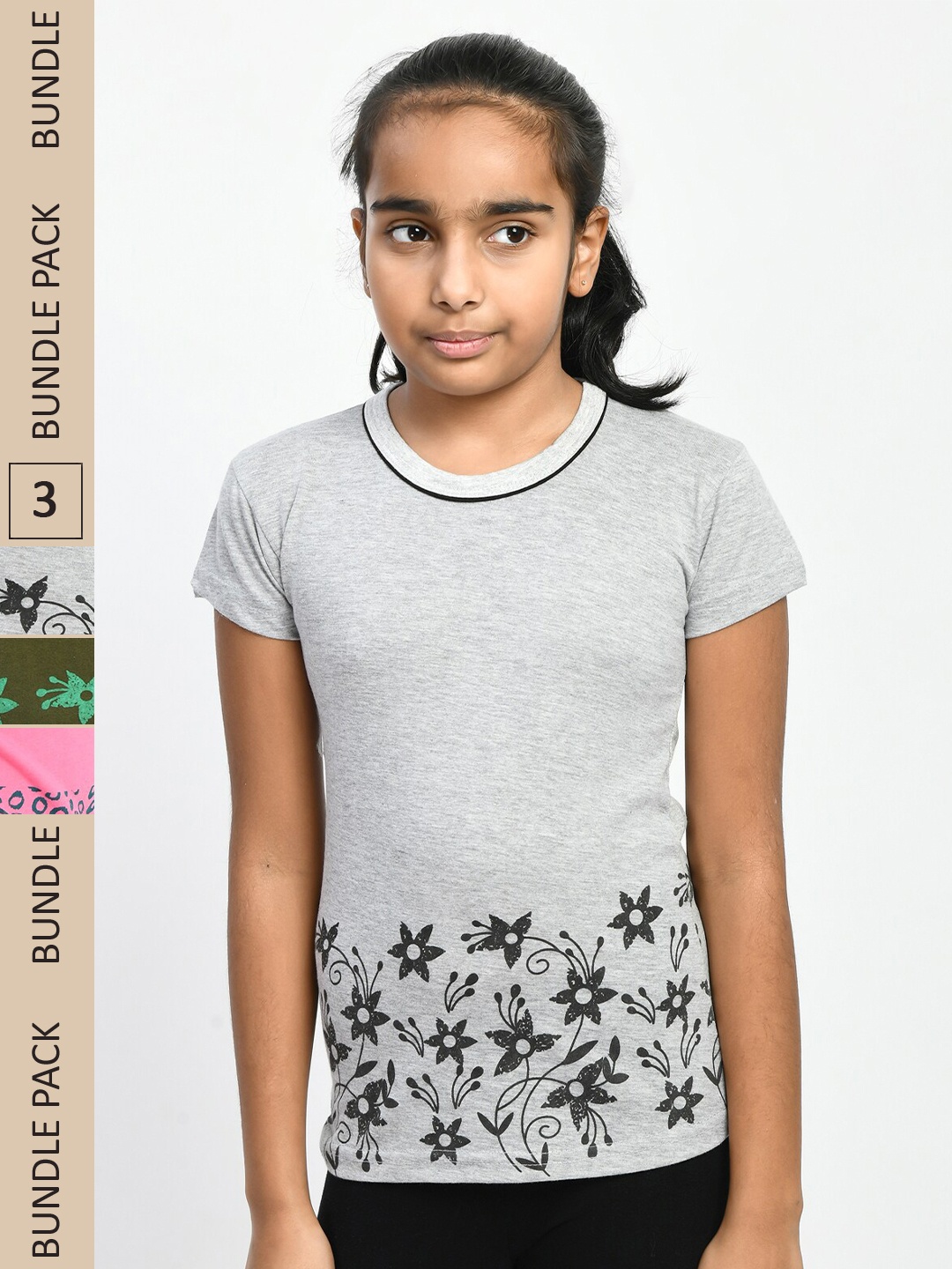 

IndiWeaves Girls Pack Of 3 Printed Pure Cotton T-shirts, Grey